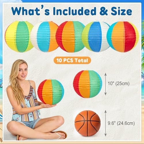 Beach Ball Paper Lanterns, 10-Pc 10 Inch Summer Hanging Decorations - Image 5