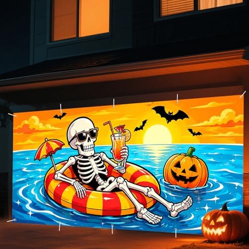 7 x 16 ft Beach Skeleton Halloween Garage Door Decorations Halloween decorations Witch Door Cover, Hanging Banner, Cauldron Backdrop Mural for Home, Outdoor - Image 3