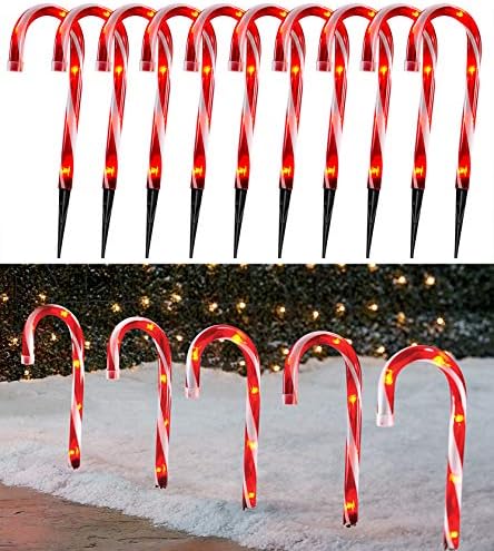 Christmas Candy Cane Lights Outdoor Pathway -10 Pack Lighted Candy Cane Pathway Markers Lights Walkway, 10 inch Candycane Christmas Sidewalk Outdoor for Yard Lawn Decorations by TIGOMOOV