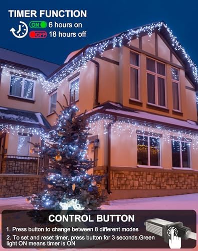 Christmas Outdoor Icicle Lights 624 LED 59FT with 96 Drops, Icicle LLights For Outside Cool White Waterproof for Roof/Gutter/Wedding, 8 Modes & Remote, Timer, Energy-Efficient Holiday Decorations - Image 5