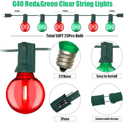 Abeja 50FT Multicolor Christma Lights Outdoor, Red/Green Christmas Lights with 25 LED Colorful Bulbs(2 Spare), Outside Christmas Hanging Light for Tree Roofline Holiday Party - Image 2