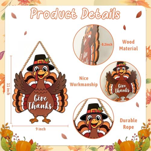 JUESMOS Thanksgiving Turkey Door Decorations Welcome Thanksgiving Wreaths for Front Door Wood Give Thanks Turkey Sign for Home Autumn Fall Harvest Indoor Outdoor Decor - Image 4
