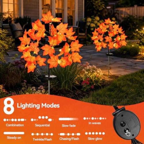 Fall Decorations Outdoor Solar Lights, 2Pcs Thanksgiving Lights 40LED 80 Maple Leaves Stake Light Waterproof 8 Lighting Modes for Autumn Patio Garden Yard Outside Halloween Thanksgiving Decorations - Image 2