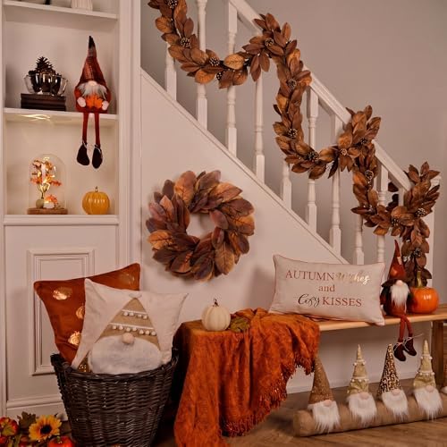 Yunlly Fall Magnolia Leaf Garland and Wreath Set, Brown Color, 2 Pcs - Image 6
