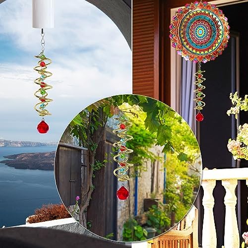FONMY Gazing Ball Spiral Tail Decorative Wind Spinner Sun Catcher Rainbow Maker Golden Double-Spiral W/Red Crystal Ball and Chain Crystals for Indoor Outdoor Garden Decoration -14 inch H - Image 5