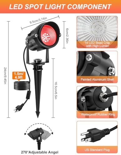 Halloween Red Landscape Lights Outdoor, 14 LED Landscape Lighting with US Plug, IP65 Waterproof Spotlights for Tree Yard Garden Pathway Christmas Decor 2 Pack - Image 2