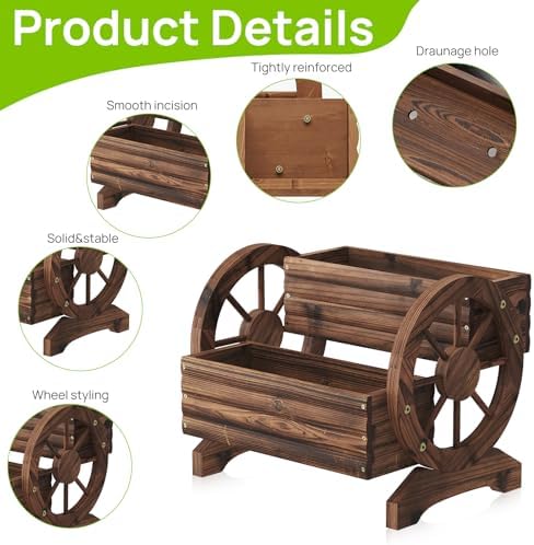 Wooden Wagon Planter Cute Garden Flower Pots Cart with wheels, Outdoor Decoration decor Indoor, Drainage hole, Garden decor for succulents herbs veggies for porch patio balcony (Carbonized, Medium) - Image 5