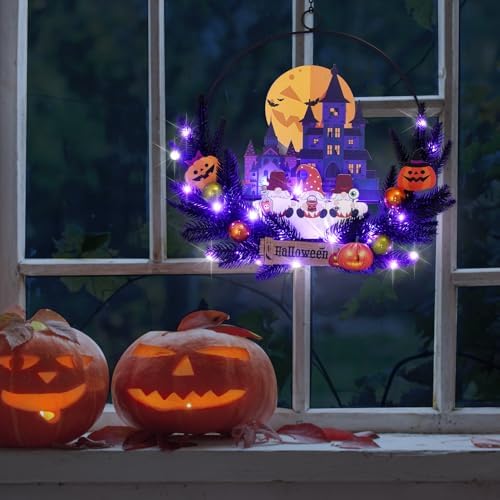 Pre-Lit Halloween Wreath for Front Door, Lighted Dwarf with 6H On/18H Off - Image 5