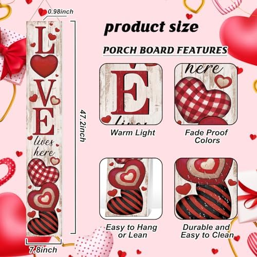 Valentine's Day Porch Sign Vertical Love Lives Here Wooden Front Porch Decor Standing Rustic Valentine's Day Heart Outdoor Indoor Decor for Farmhouse Door Hanging Decoration, 47" H - Image 3