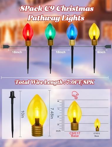 2 Pack 7FT LED Jumbo C9 Christmas Lights Pathway,4 Christmas Walkway Lights with Pathway Marker Stakes,Jumbo Clear Multicolor Big Light Bulb for Driveways Garden Holiday Christmas Decor - Image 2