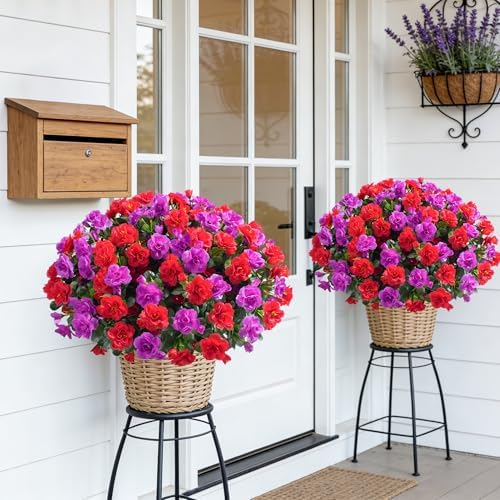 Artificial Faux Outdoor Flowers Plants for Spring Summer Decoration, Fake Silk Camellia UV Resistant Look Real for Planter Outside Front Door Porch Patio Balcony, 3 Large Bundles (Red+Fuchsia) - Image 6