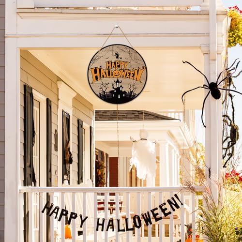 Halloween Door Decorations - 12" Pumpkin Welcome Sign for Front Door Porch, Witch Castle Wooden Hanger for Home Indoor Outdoor​Decor -B08 - Image 6