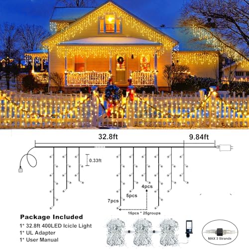 33FT 400 LED Icicle Lights for Outside, Warm White Christmas Lights Outdoor - Image 4
