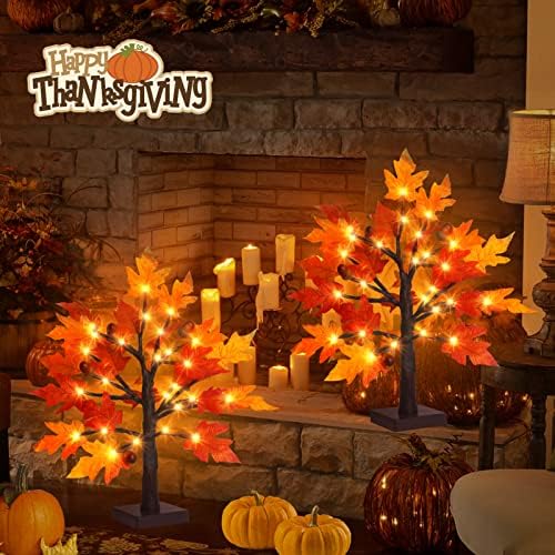 2Pack Artificial Fall Lighted Maple Tree - 1.5FT 36 LED Thanksgiving Decor Lights, Battery Operated Tabletop Lamp with 6 Acorns, 6-Hours Timer, for Wedding Party Indoor Outdoor Autumn Decor… - Image 6