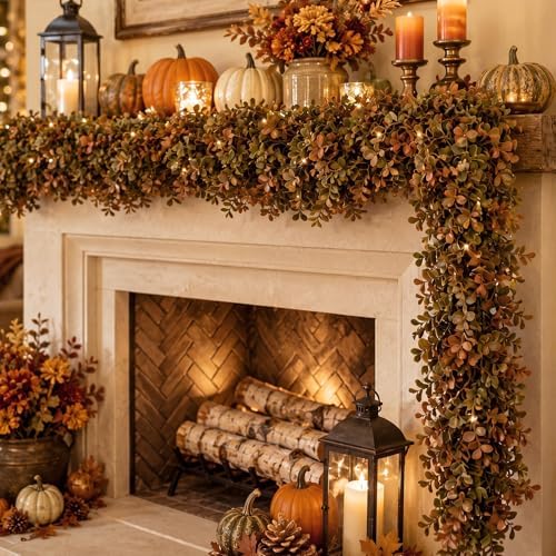 XunYee 6 ft Fall Garland Artificial Boxwood Leaves Fall Garland for Mantle by XunYee