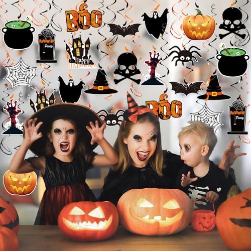 PartyGarden Halloween Hanging Swirl Decorations - 36 Pcs Hanging Spooky Ceiling Decor with Ghost, Pumpkin, Skull for Home, Office, Party - Image 3