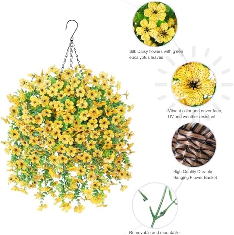 HyeFlora Artificial Hanging Flowers Basket for Outdoor, Fake Flowers Faux Plants Look Real for Yard Gardens Porch Patio Home (Yellow) - Image 3