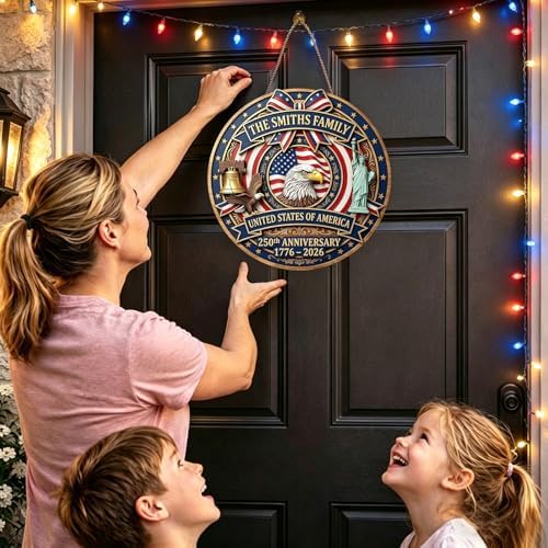 Farmhouse Vintage 250th Patriotic Wood Sign Eagle Flag Round Door Decor - Image 3