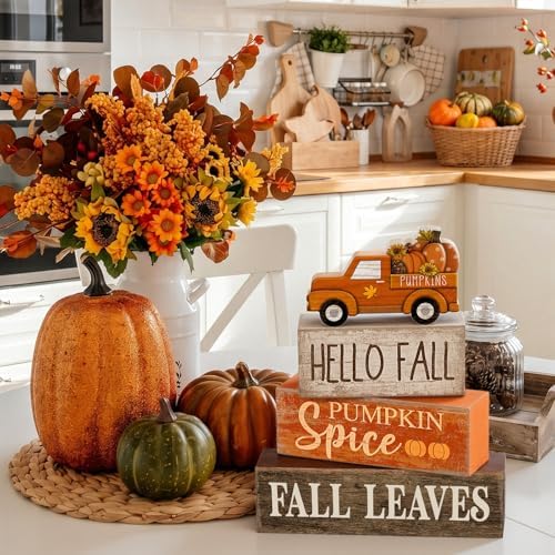 Moucuny 4 Pcs Fall Table Decor, Pumpkin Wood Block Sign Home Tray - Image 6