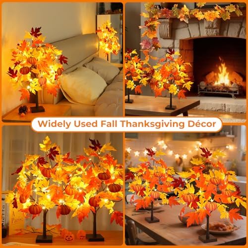 Fall Décor 2 Pack 24 Inch Fall Maple Tree with 48 LEDs Battery Operated Fall Lights with 8 PCS Pumpkin Wooden Hanging Ornaments Artificial Tree for Fall Thanksgiving Home Table Decorations - Image 7
