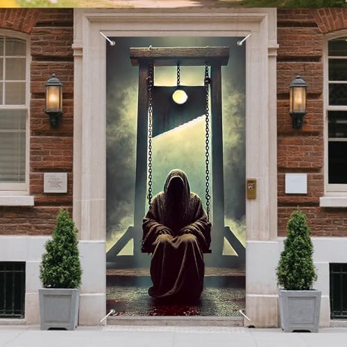 IVN Gothic Execution Door Cover 35x71 Inch Guillotine and Masked Figure Swing Bloody Scene Foggy Gallows Eerie Horror Decor for Front Porch Entryway Wall Decoration Halloween Theme - Image 2