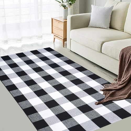 Buffalo Plaid Area Rug 3x5 Ft, Black White Indoor Outdoor Rug - Image 4