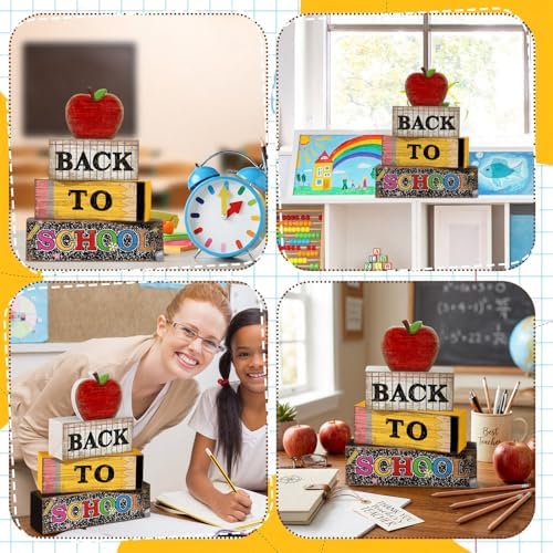 Lineshading 4 Pcs Back to School Table Decor Wooden Apple Blocks Sign - Image 5