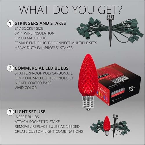 Wintergreen Lighting 25' OptiCore LED C9 Red Pathway Christmas Lights, Heavy Duty Bulbs for Driveway, Walkway Marker, 5" Commercial PathPRO Stakes, 18 Gauge Green Wire - Image 6