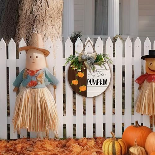 Fall Pumpkin Door Wreath Wooden Autumn Sign with Bow for Front Door Hey There Pumpkin Porch Hanging Signs Farmhouse Wall Garden Outdoor Decor - Image 3