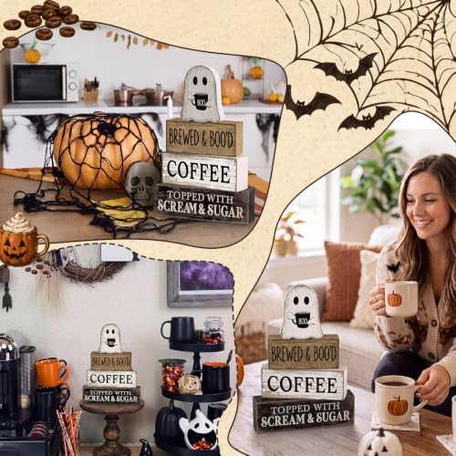 Lineshading 4 Pcs Halloween Ghost Blocks, Wooden Coffee Farmhouse Decor - Image 6