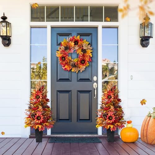 Glitzhome 2 PCS 36”H Fall Porch Tree, Harvest Artificial Porch Tree with Sunflower, Pinecone and Berry Porch & Black Planter, for Autumn Fall Harvest Thanksgiving Christmas Decoration - Image 2