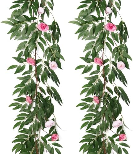 RECUTMS Artificial Hanging Silk Willow Leaves Vine Twig Whit Rose 2Pc 5.7Ft by RECUTMS