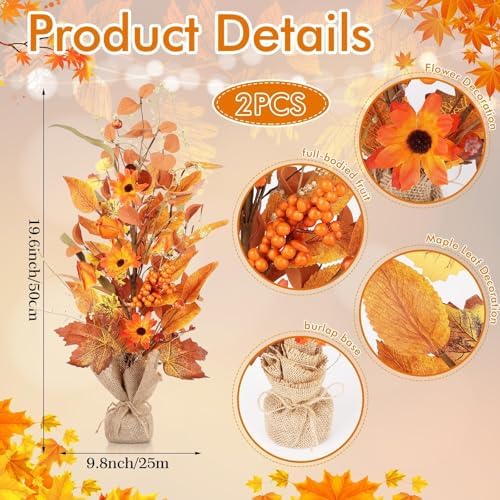 YLOLUL 2 Pcs 22 Inch Artificial Fall Tree Tabletop Decorations, Fake Berry Maple Leaf Thanksgiving Centerpieces for Table, Autumn Harvest Wedding Holiday Party Home Fireplace Mantle Decor - Image 3