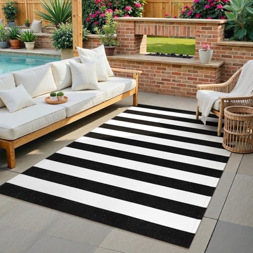 KIMODE Black and White Buffalo Plaid Outdoor Rug Fall Patio Floor Carpet - Image 4