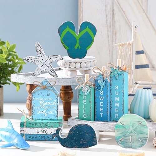 Vercraft 11 Pcs Summer Beach Table Decorations Ocean Tiered Tray Decor Summer Centerpiece Decorative Wood Books Table Top Decor Starfish Wooden Sign for Home Party Supplies (Ocean) - Image 2