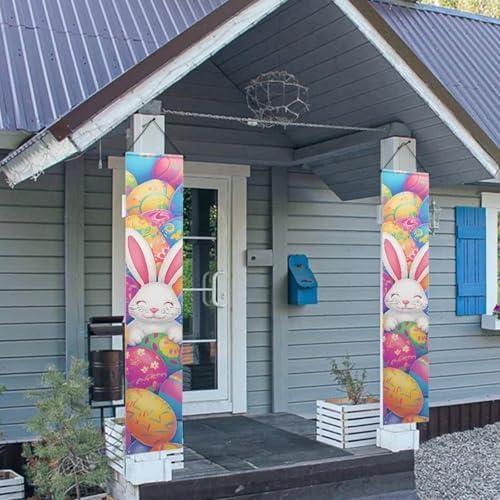 Eggs Rabbit Porch Sign Hanging Easter Outdoor Welcome Signs for Porch Decorations Door Banners for Front Door 2 Packs Outdoor Decor Banner Flag for Porch Home Yard Garden Party Decor - Image 3