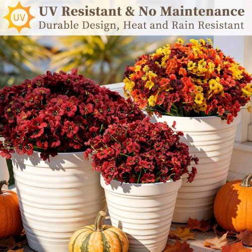 ColoPlay 24 Bundles Burgundy Artificial Flowers for Outdoors Fake Plant Mum - Image 5