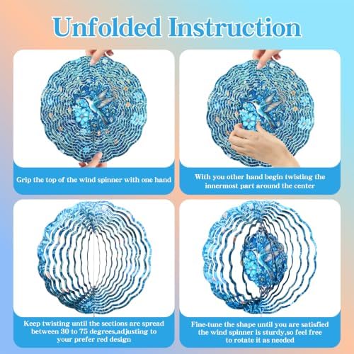 10 Inch 3D Hummingbird Wind Spinner with Crystal Pendant, Teal Floral Metal Mandala Hanging Spinner, Kinetic Wind Sculpture for Outdoor Yard, Garden, Patio, Balcony Decor - Image 5