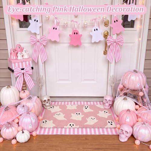 Honoson 2 Pcs Pink Halloween Doormat, Ghost Coir Mat with Striped Layer Rug - Image 5