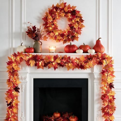 3Pack 9Ft 50 LED Maple Leaf Garland Battery Operated with Timer,8 Modes Waterproof Fall Decorations for Home Fall Garland with Lights for Fall Thanksgiving Table Harvest Home Indoor Decorations by Efunly