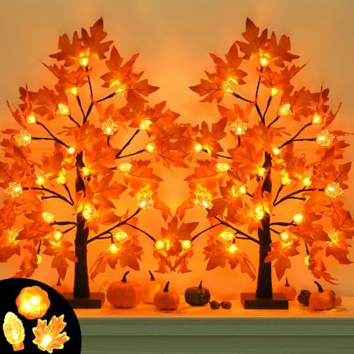 [Timer] 2 Pack 24 Inch Fall Maple Tree Decor with 48 LED Fall Thanksgiving Decorations, Battery Operated Fall Tree Lights with Pumpkin Acorn Maple for Fall Thanksgiving Table Decorations Home Indoor by Faiclrr
