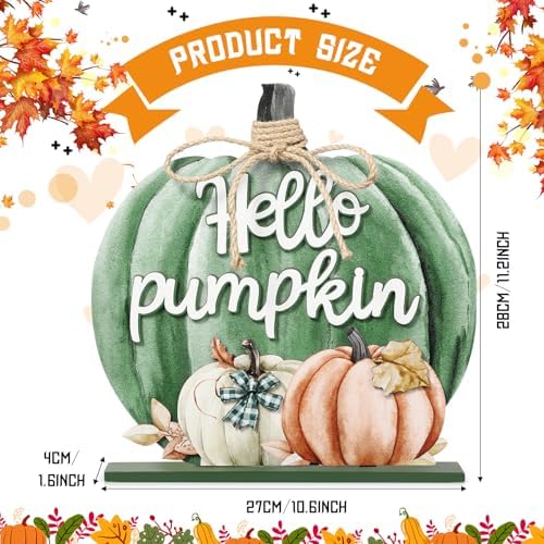 Soaoo Thanksgiving Decoration Wooden Fall Hello Pumpkin Sign Autumn Pumpkin Table Decor 11 Inch Wooden Autumn Desktop Ornament for Thanksgiving Harvest Day Farmhouse Home Living Room (Green, Classic) - Image 2