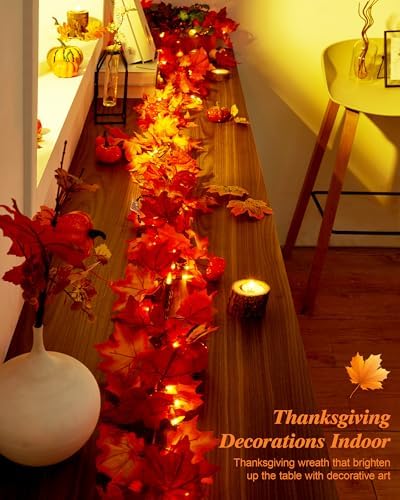 VCOKEN 11FT Fall Garland With Lights - 50 Bulbs Connectable Maple Leaves With Pumpkin, Plug-in Decor for Outdoor Indoor Halloween Thanksgiving Holidays - Image 3
