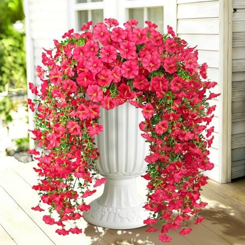 Artificial Hanging Flowers for Outdoors, 2 PCS 300 Blooms UV Resistant Morning Glory Faux Silk Vines, No-Odor Realistic Fake Plants for Garden Planter Porch Patio Decoration, Lotus by JulakoOnline