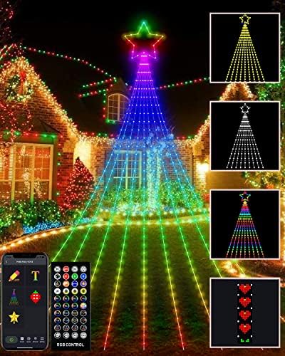 Outdoor Christmas Decorations Lights with Star, Smart DIY Custom Display 11.8Ft 100 Modes Yard Waterfall Tree String Lights, App Control 344LED RGB Color Changing Music Timer for Xmas Tree Lawn Decor by AvatarControls