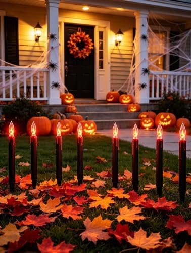Halloween C18 Flicker Flame Pathway Lights – 19.5FT Plug-in Outdoor Candle Lights with Stakes, Eerie Orange Flame Effect, UL Listed, Waterproof Halloween Decorations for Porch Yard Walkway Garden - Image 4