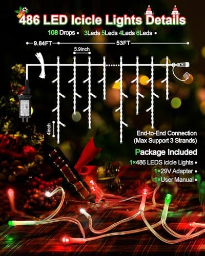 Christmas Lights Outdoor, 53 FT 486 LED Christmas Lights for Outside, Timer & Memory, Plug in 8 Modes Hanging Fairy Light with 108 Drops for House Eaves Yard Patio Decorations, Red Green and White - Image 7