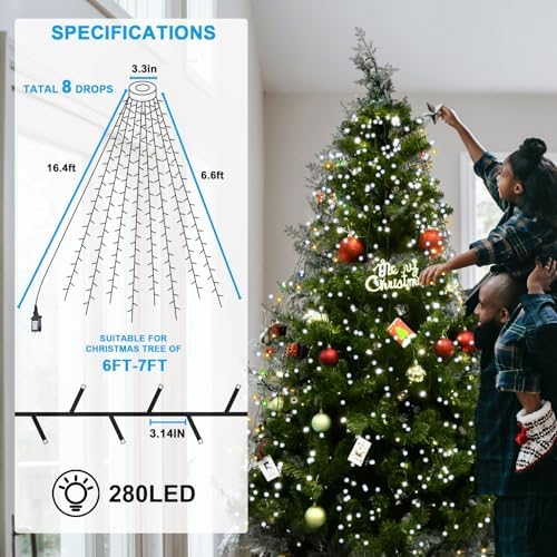 BOLWEO Christmas Tree Lights 280LED 8 Lines 8 Modes for 6ft-7ft Tree, UL Certified Indoor/Outdoor Christmas Decorations 8 * 6.6ft Drops Cool White - Image 6