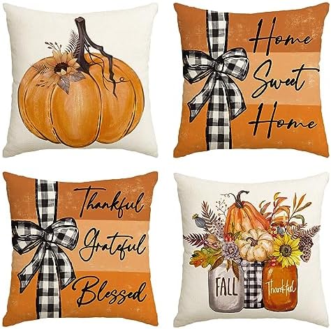 AVOIN colorlife Fall Pumpkin Home Sweet Home Throw Pillow Covers, 20 x 20 Inch Autumn Thankful Grateful Blessed Harvest Floral Orange Decorations for Sofa Couch Set of 4 by AVOINcolorlife