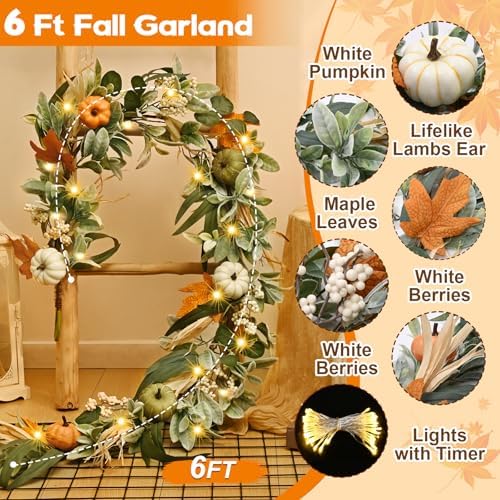 2 Pcs Fall Garland for Mantel, 6 FT Fall Garland with Lights - Image 5